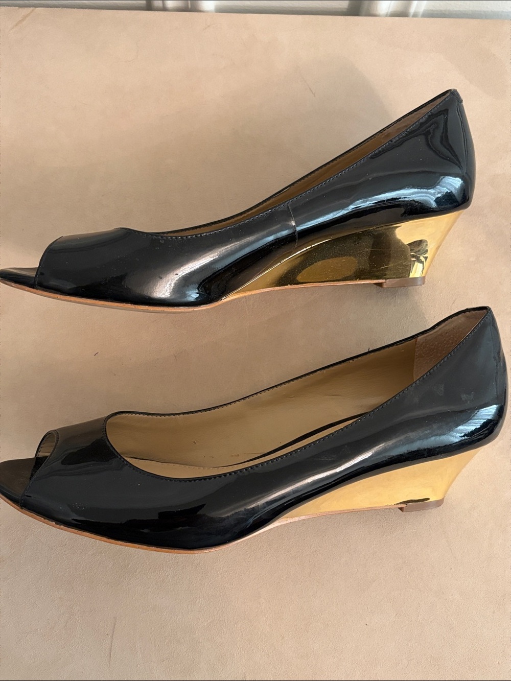 Saks Fifth Avenue Black Patent Peep-Toe Wedges with Gold Wedge